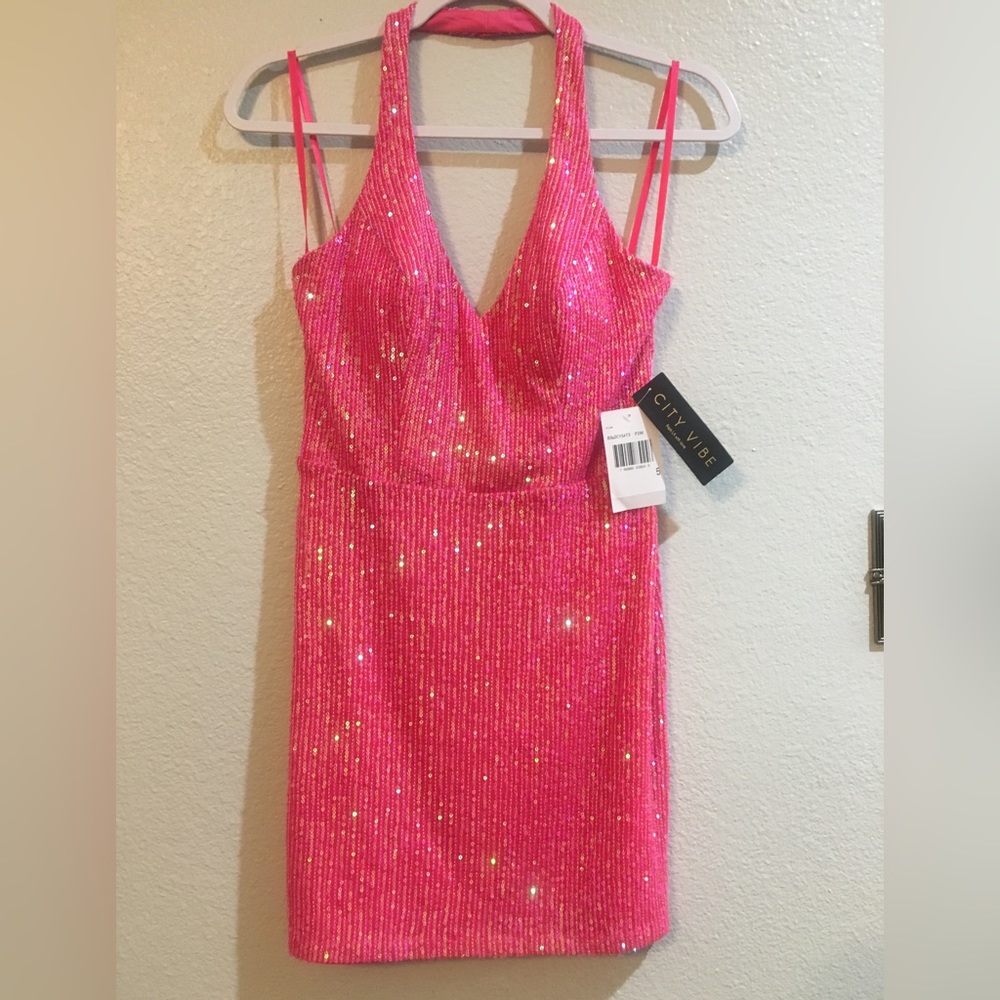 NWT! Barbie Pink Sequin Halter Mini-Dress